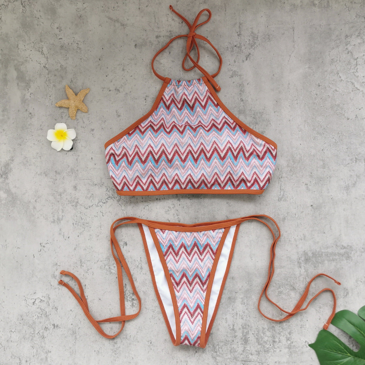 Halter Strap Sexy Backless Low Waist Tube Top Bikini Striped Printed Split Swimsuit Bikini Bella Mia