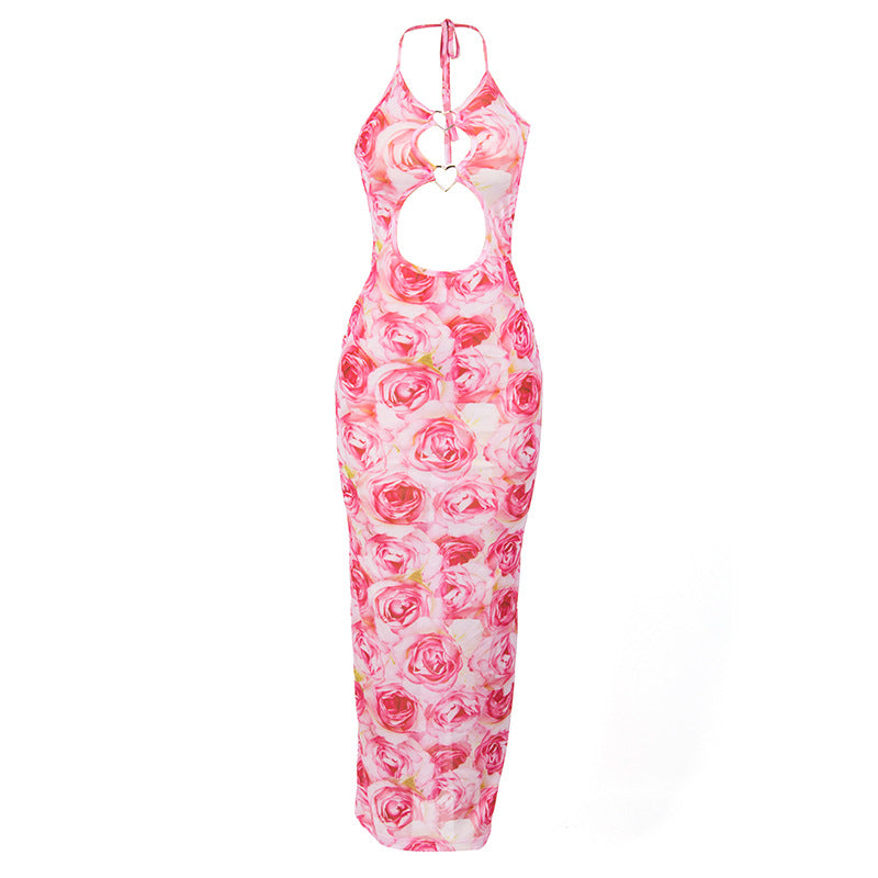 Summer Sleeveless Floral Print Lace Up Long Heart Stitching Hollow Out Cutout Dress Bella Mia