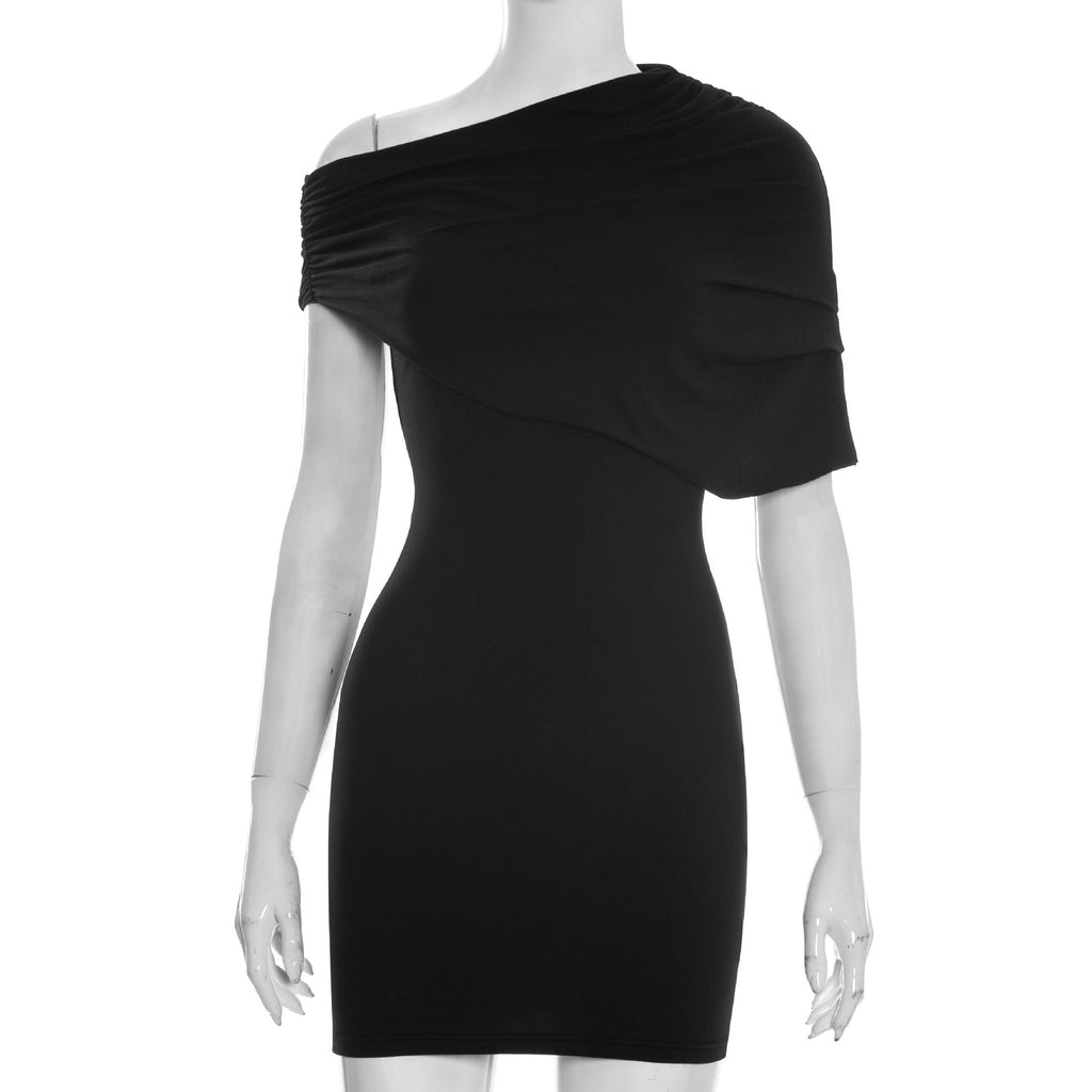 Spring Women Clothing Solid Color Asymmetric Slim Fit Oblique Shoulder Dress Short Dress Bella Mia