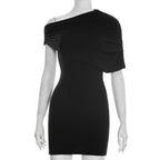 Spring Women Clothing Solid Color Asymmetric Slim Fit Oblique Shoulder Dress Short Dress Bella Mia