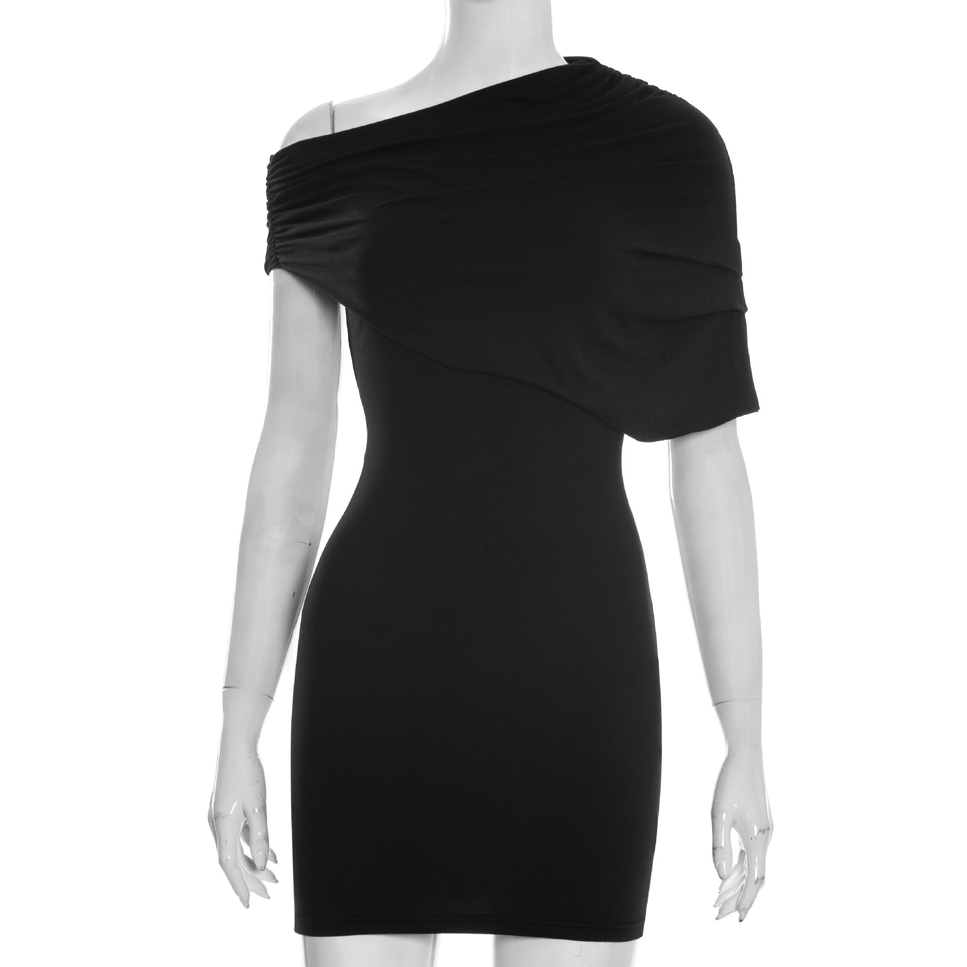 Spring Women Clothing Solid Color Asymmetric Slim Fit Oblique Shoulder Dress Short Dress Bella Mia
