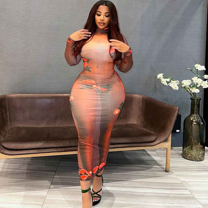 Women Clothing Printed Dress round Neck Pullover Long Sleeve Pullover One Step Dress Bella Mia