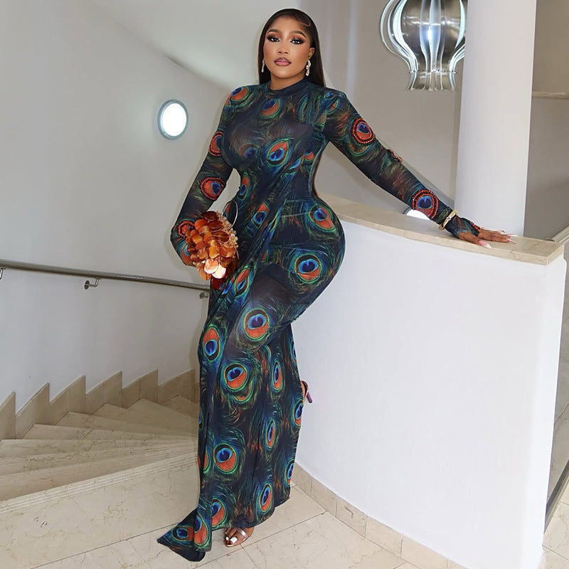 Graceful Personality Women Clothing Printed Sexy Hip Slightly Transparent Turtleneck Long Sleeve Slim Fit Dress Bella Mia