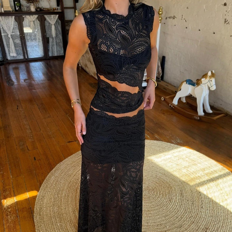 Women Clothing Summer Sexy Lace Hollow Out Cutout Top See through Hip Skirt Set Women Bella Mia