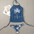 Coconut Tree Printed Lace up Swimsuit Conservative Belly Covering Women Bikini Bella Mia