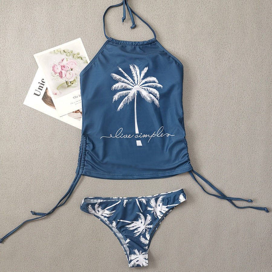 Coconut Tree Printed Lace up Swimsuit Conservative Belly Covering Women Bikini Bella Mia