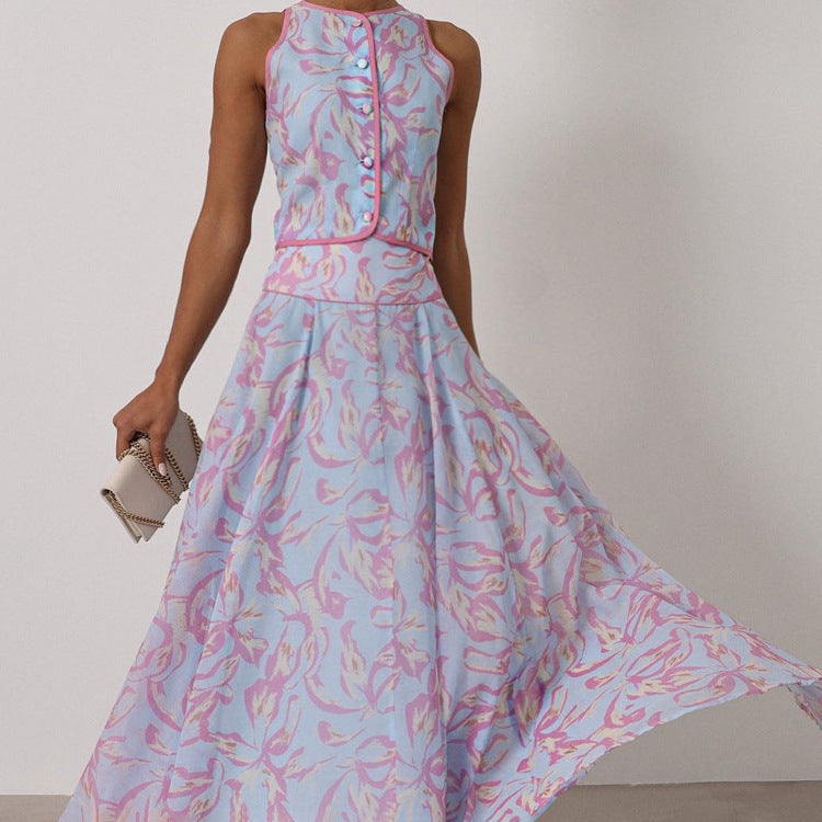 Summer Printed Skirt Set Women Arrival round Neck Sleeveless Cardigan Top Skirt Two Piece Set Commuting