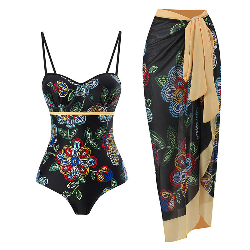 One Piece Swimsuit Women Skinny Slimming Vintage Printed Chiffon Dress with Steel Bracket Hard Bag Swimsuit Bella Mia
