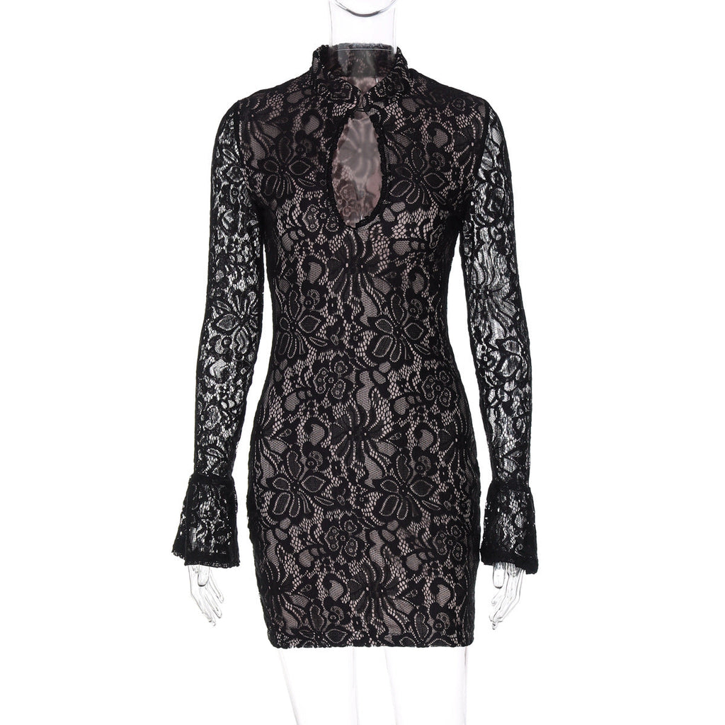Women Clothing Winter Sexy Lace Cutout Package Hip Flare Sleeve Dress Bella Mia