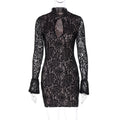 Women Clothing Winter Sexy Lace Cutout Package Hip Flare Sleeve Dress Bella Mia