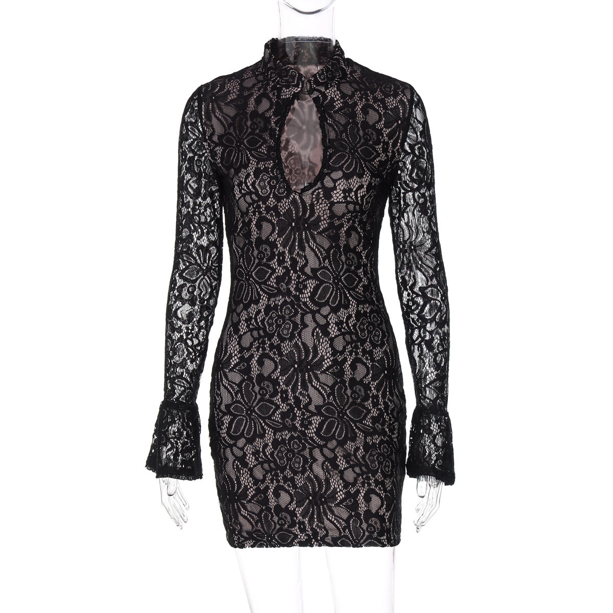 Women Clothing Winter Sexy Lace Cutout Package Hip Flare Sleeve Dress Bella Mia