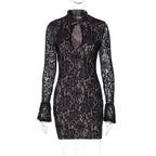 Women Clothing Winter Sexy Lace Cutout Package Hip Flare Sleeve Dress Bella Mia