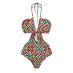 Retro One Piece Swimsuit Women Deep V Plunge Lace up Chiffon Skirt Set Spring Bella Mia