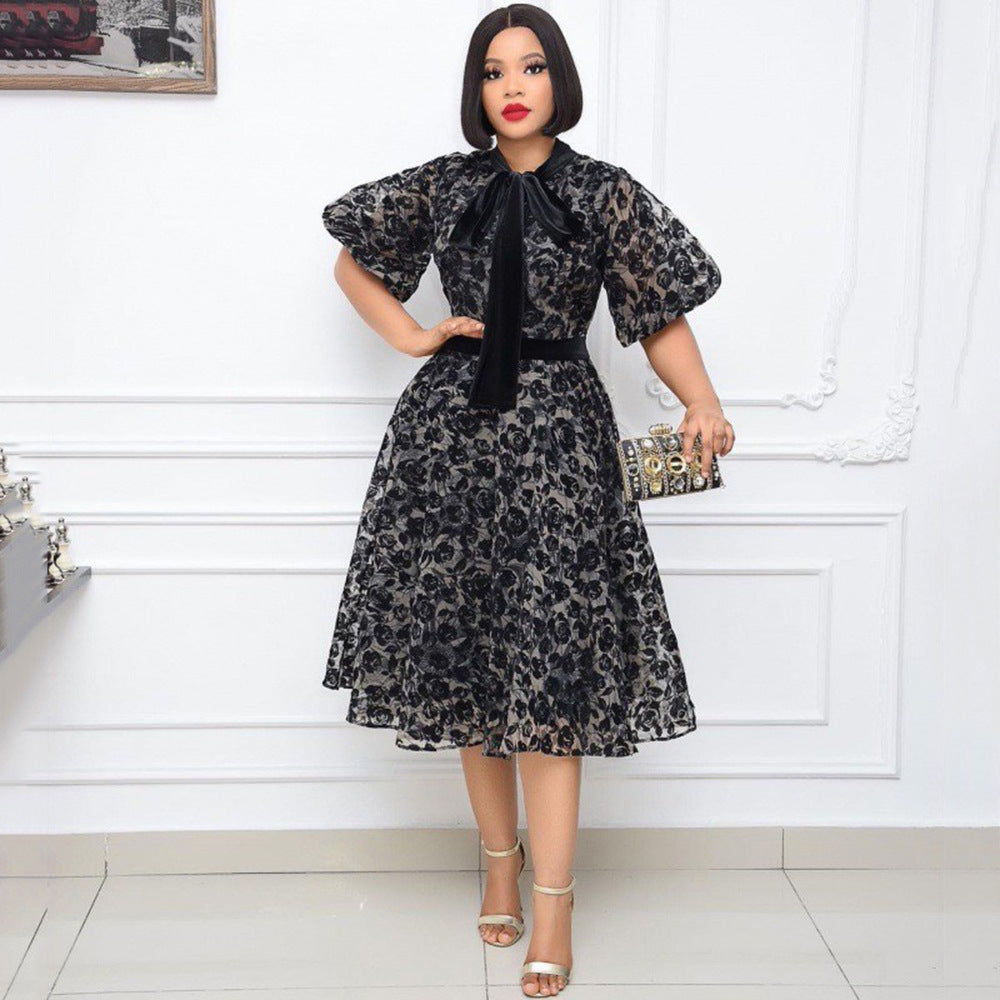 Summer Graceful Stand Collar Black Flocking Encryption Mesh Cinched Lace Stitching Slimming Dress Bella Mia
