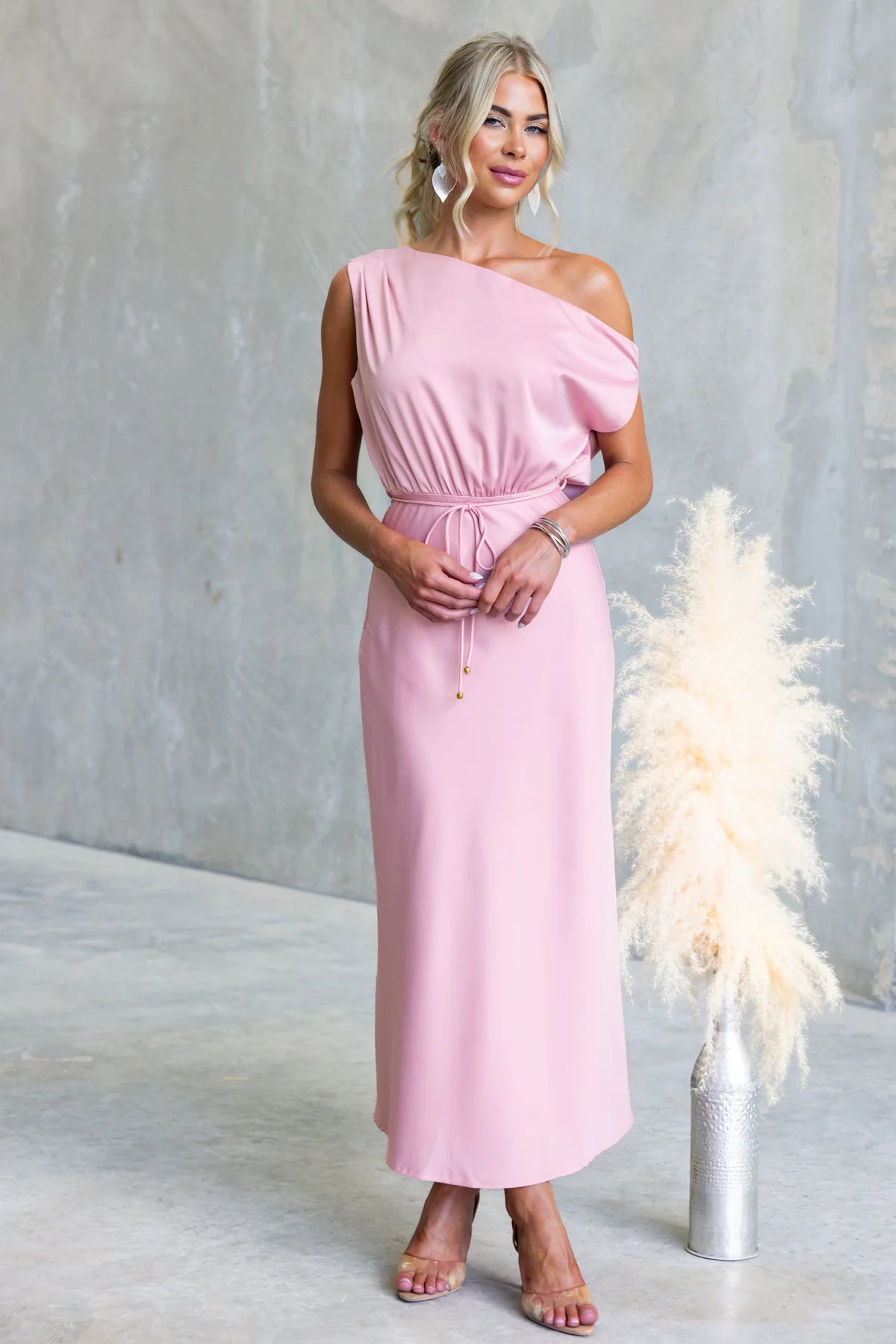 Summer Cocktail Sloping Shoulder off the Shoulder Sexy Solid Color Tied Dress Bella Mia