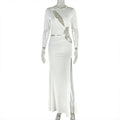 Elegant Women Clothing Hollowed out Split Socialite Asymmetric Dress round Neck Solid Color Pleated Dress