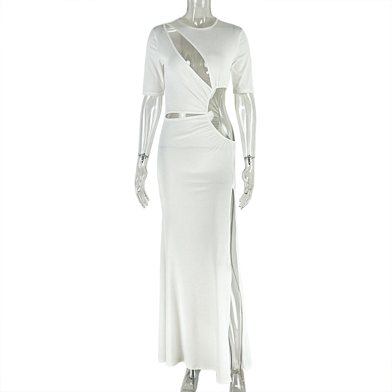 Elegant Women Clothing Hollowed out Split Socialite Asymmetric Dress round Neck Solid Color Pleated Dress