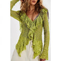 Lace V neck Shirt Women Autumn Ruffles Cardigan Long Sleeve Short Knitted Top Bella Mia