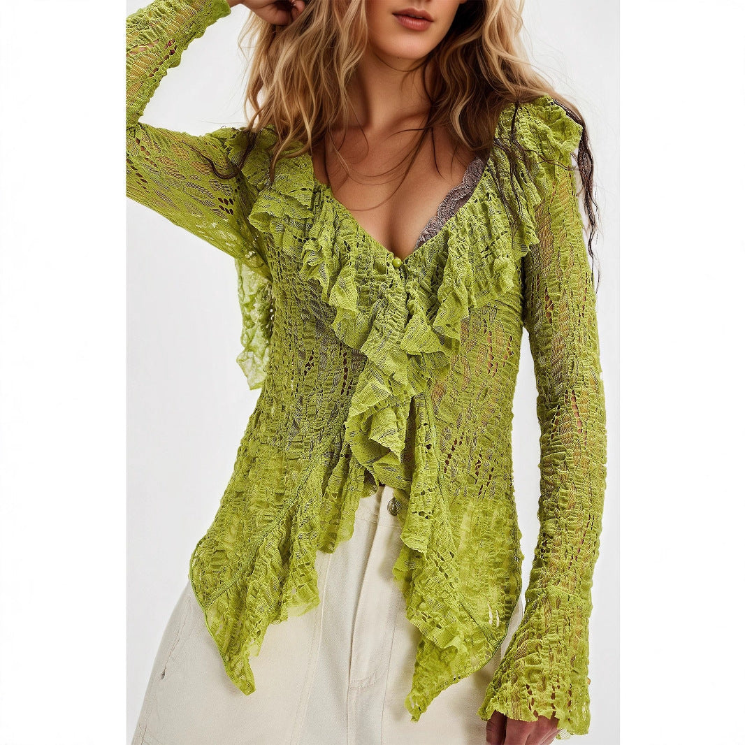 Lace V neck Shirt Women Autumn Ruffles Cardigan Long Sleeve Short Knitted Top Bella Mia