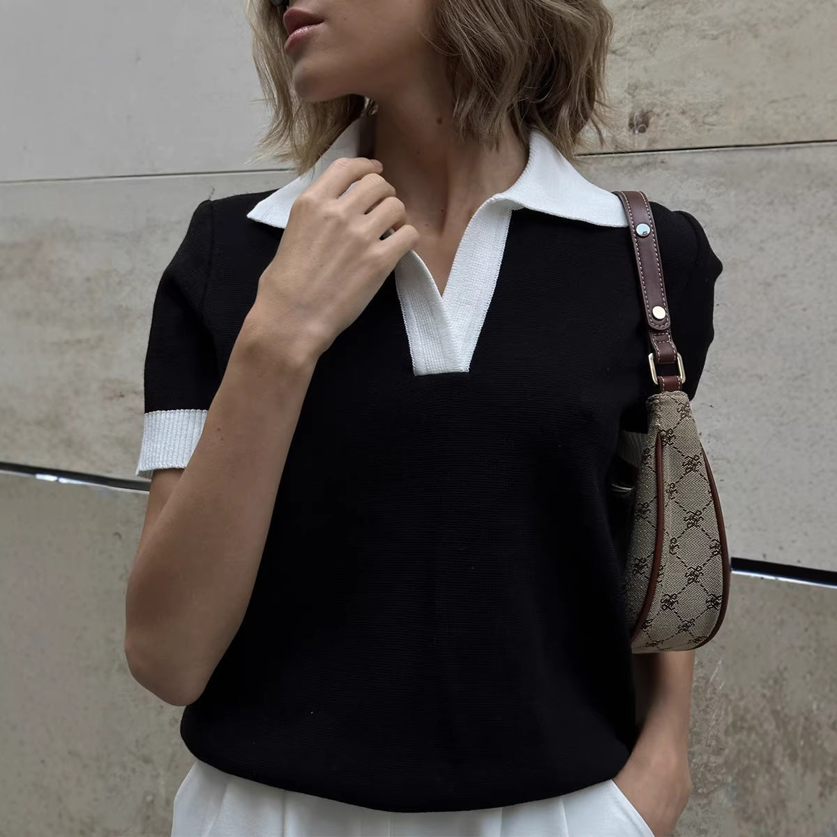 Short Sleeved Knitwear Summer Office Polo Collar Contrast Color Slim Fit Knitted Top Bella Mia