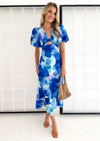 Year Bubble Sleeve Maxi Dress Sexy Print V neck Hollow Out Cutout Women Clothing Bella Mia