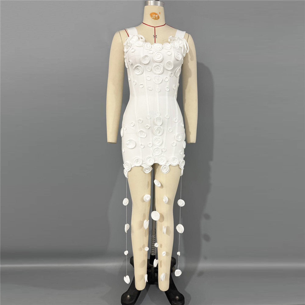 Summer Floral Wafer Tassel Sleeveless Bandage One Piece Dress Hip Dress Elegant Dress