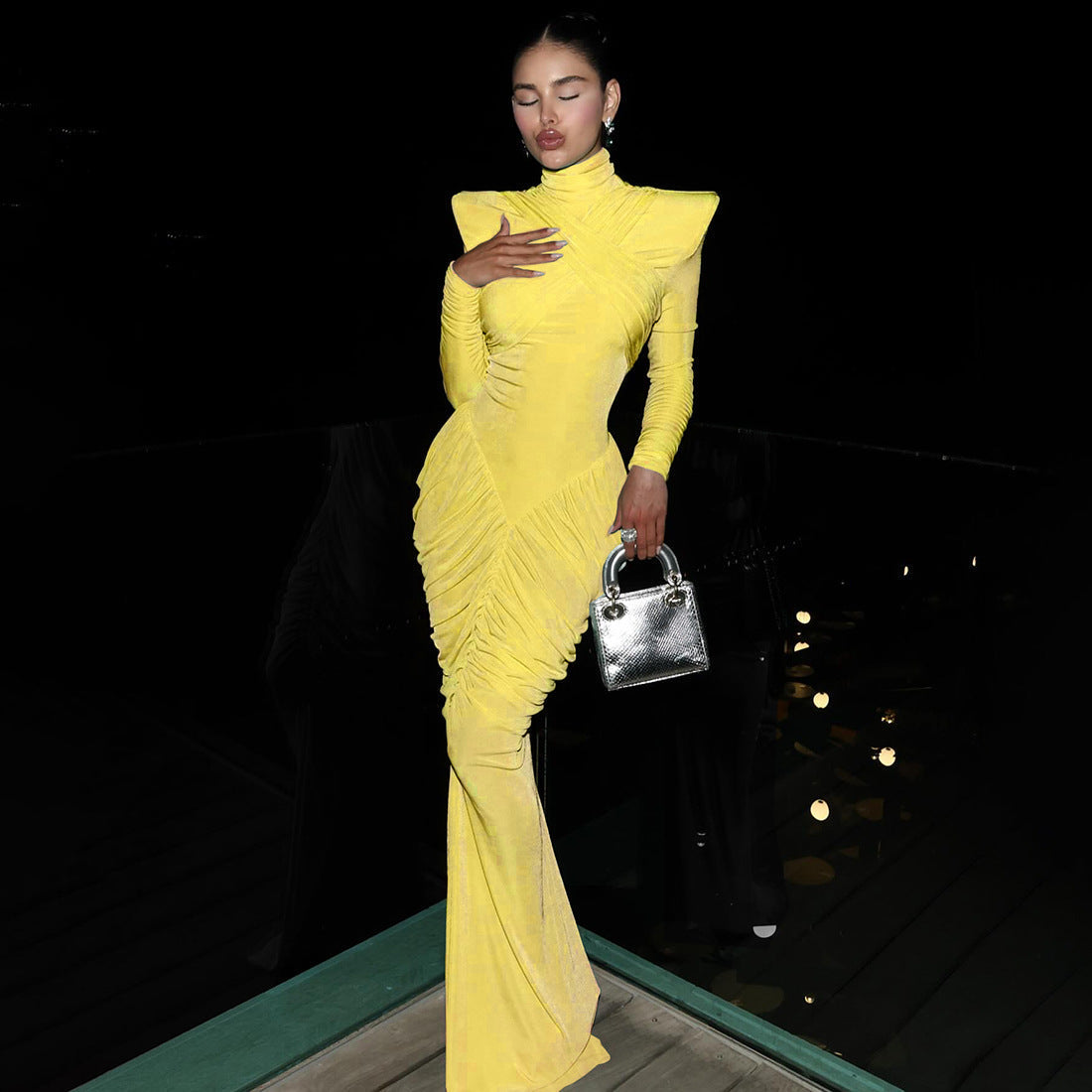 Fall Women Clothing Solid Color Turtleneck Backless Stitching Pleated Slim Fit Dress Bella Mia