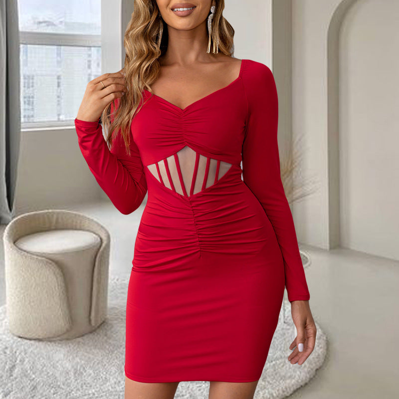 Elegant V neck Dress Autumn Winter Elastic Slim Fit Long Sleeve Red Vintage Dress Women Bella Mia