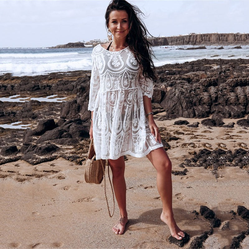 Lace Embroidered Beach Cover-up Seaside Sun Protection Clothing Sexy Halter Bikini Swimsuit Blouse Bella Mia