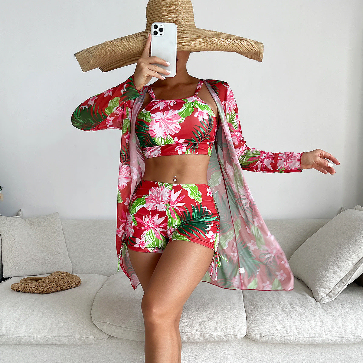 Swimsuit Women Split Three Piece Boxer Shorts Printing Mesh Red Conservative Swimsuit Bella Mia
