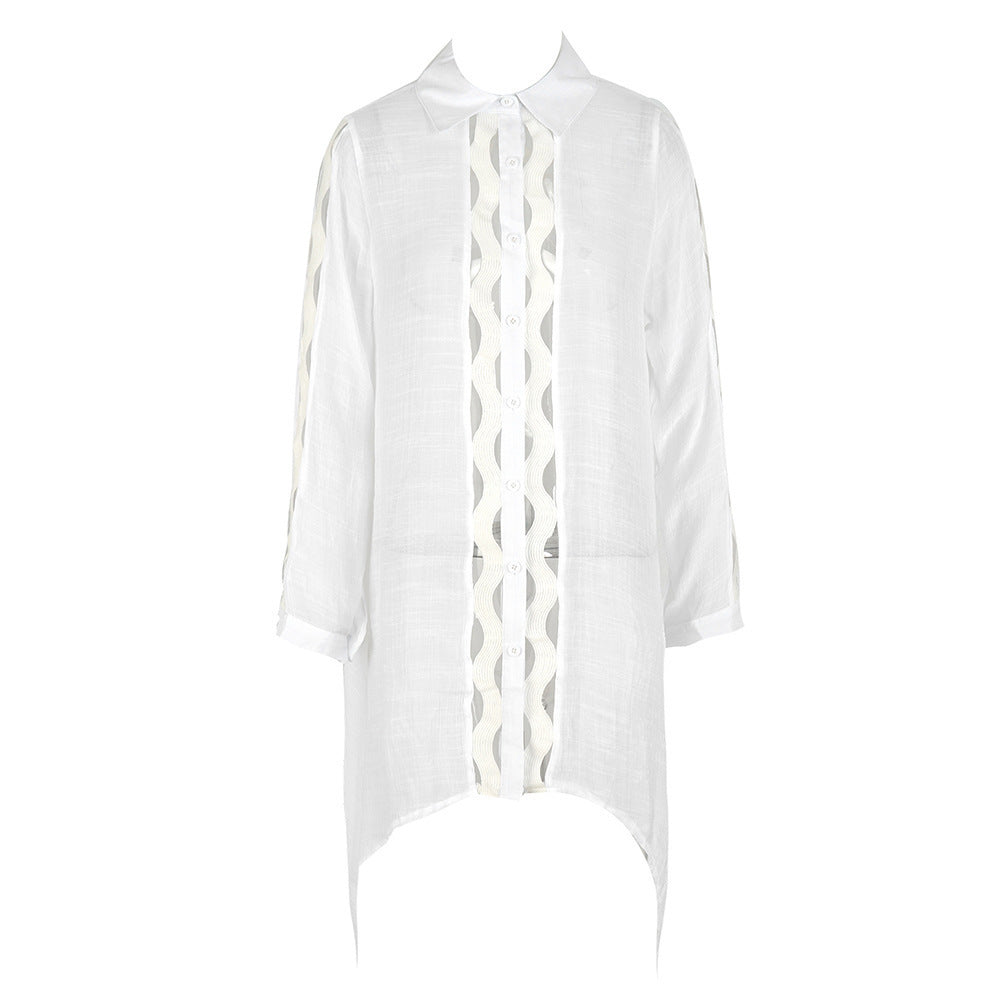 Slub Cotton Patchwork Edge Shirt Sun Protection Cardigan Vacation Beach Coat Bikini Cover up Blouse Bella Mia