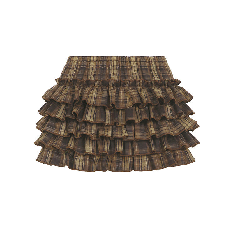 Korean Sweet Girl Preppy Plaid Puff Sleeve Shirt Irregular Asymmetric Hem Waist Slimming Single Breasted Cardigan Top Skirt Sets Bella Mia