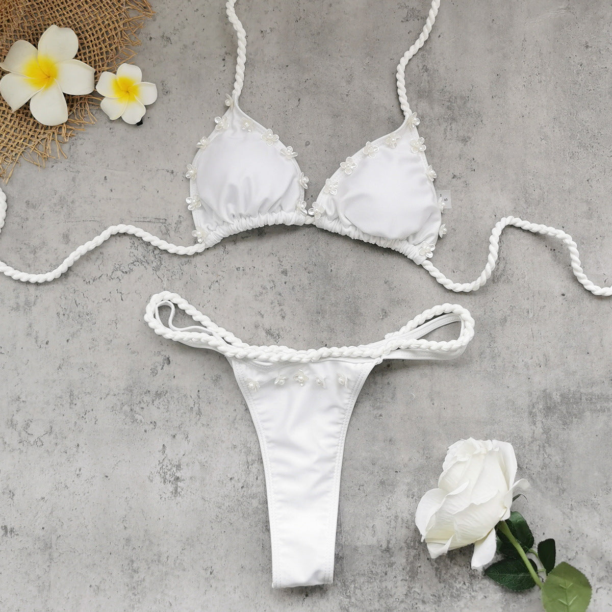 Pure White Low Waist Braid Rope Lace up Sexy Backless Split Swimsuit for Women Bella Mia