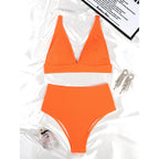Solid Color High Waist Sunken Stripe Bikini Sexy Swimsuit Women Split Special Fabric Swimsuit Bella Mia