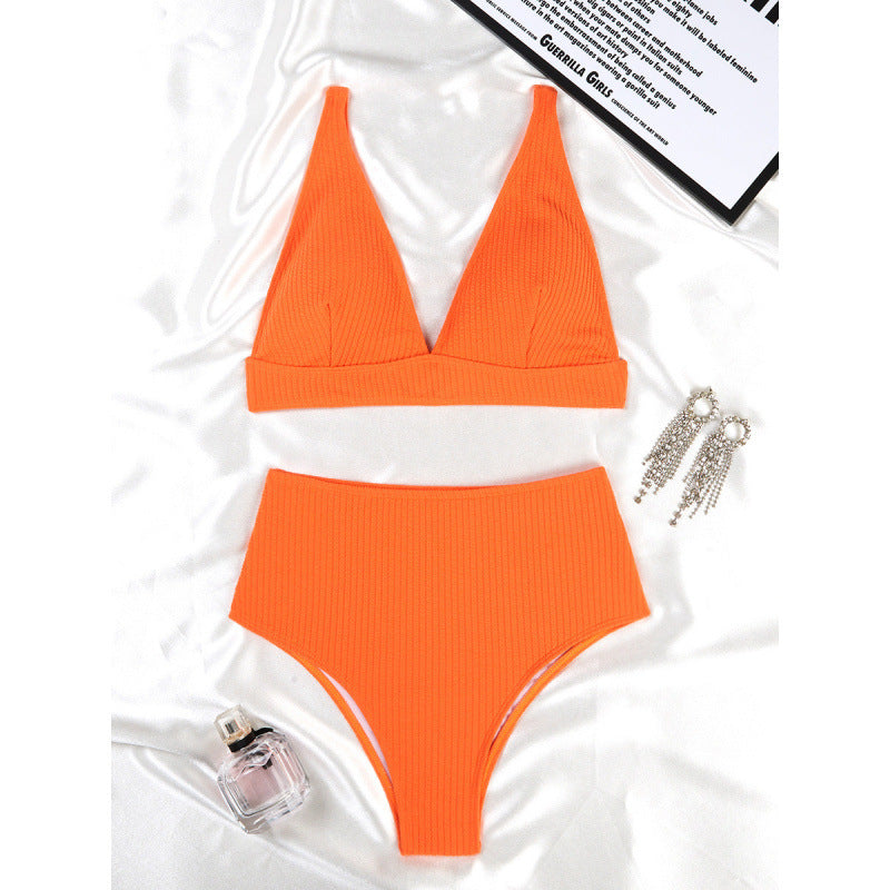 Solid Color High Waist Sunken Stripe Bikini Sexy Swimsuit Women Split Special Fabric Swimsuit Bella Mia
