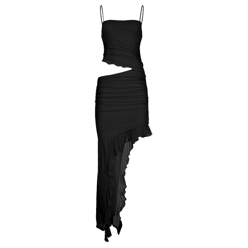 Vacation Women Clothing Cropped Outfit Ruffled Mesh Dress Irregular Asymmetric Solid Color Elegant Graceful Halter Bella Mia