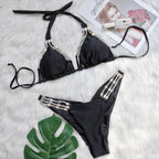Sexy Metal Accessories Rhinestone Women Split Swimwear Vacation Bikini Plain Bandage Swimsuit