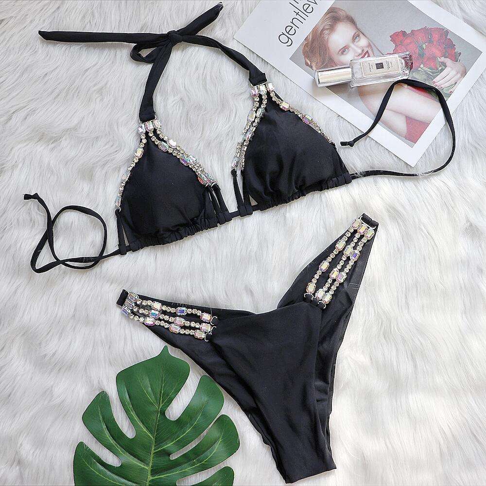 Sexy Metal Accessories Rhinestone Women Split Swimwear Vacation Bikini Plain Bandage Swimsuit