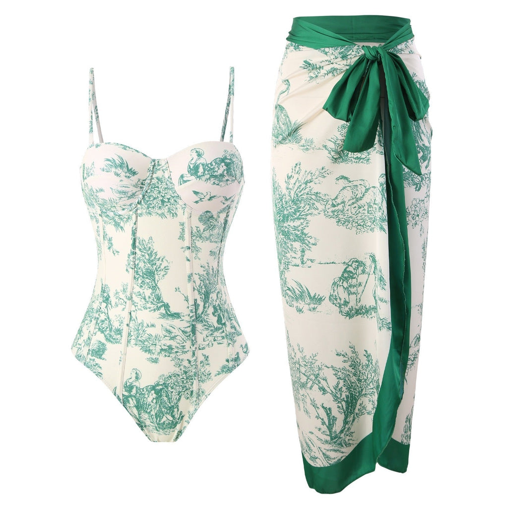 One Piece Swimsuit Women Skinny Slimming Retro Lace up Sun Protection Dress Two Piece Hard Bag Swimsuit Bella Mia