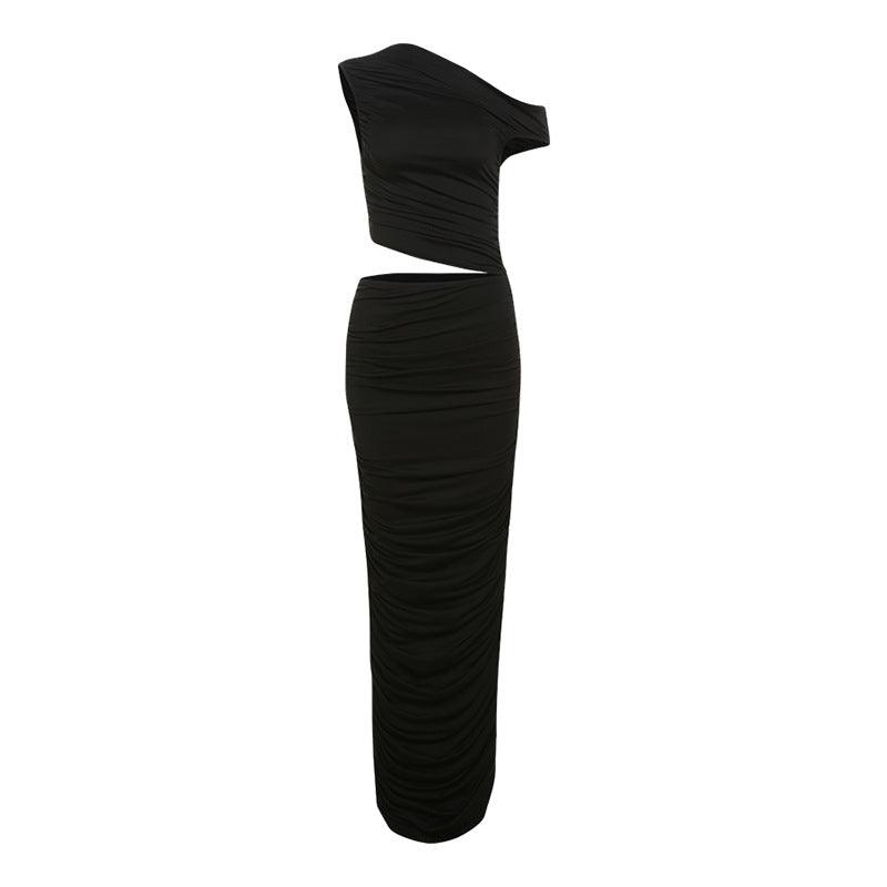 Women Elegant Slightly Mature Solid Color Pleated Slim Fit Oblique Shoulder Sheath Dress Bella Mia