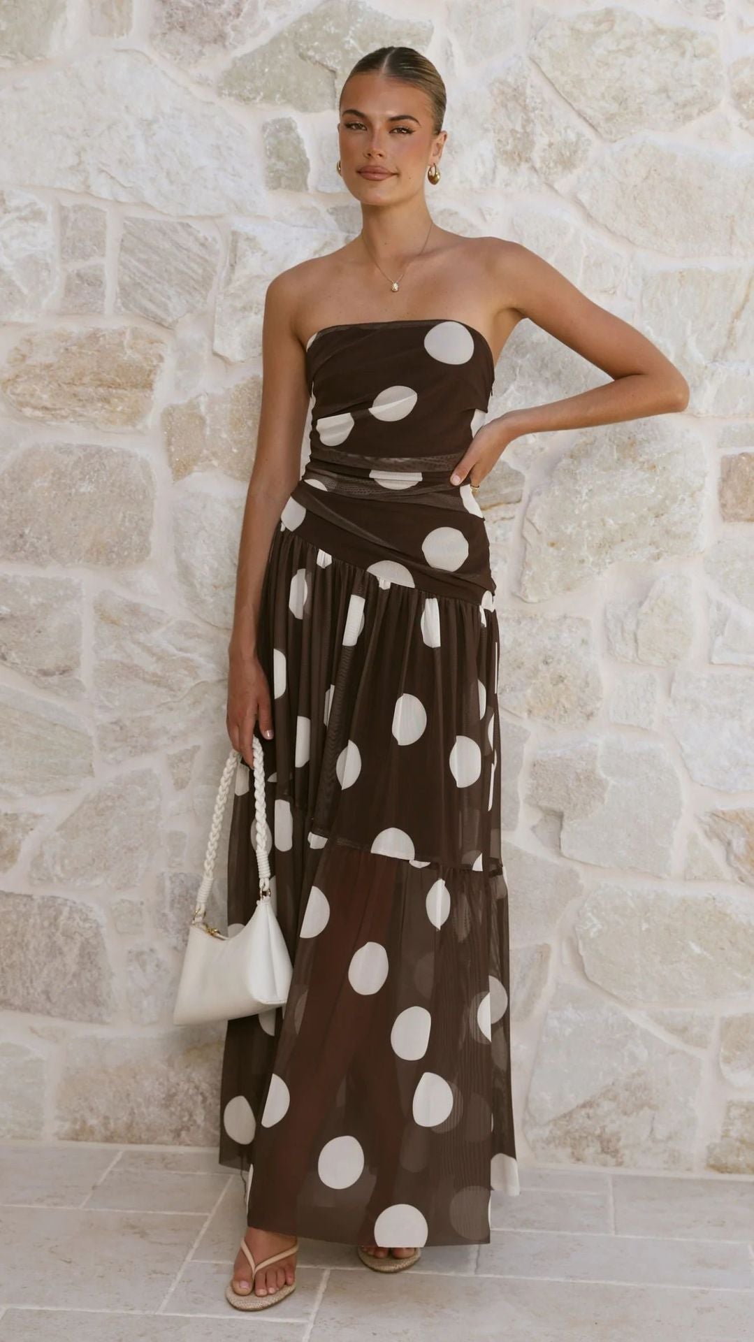 Goods Summer Polka Dot Print Wrapped Chest off Shoulder Mesh Maxi Dress Bella Mia