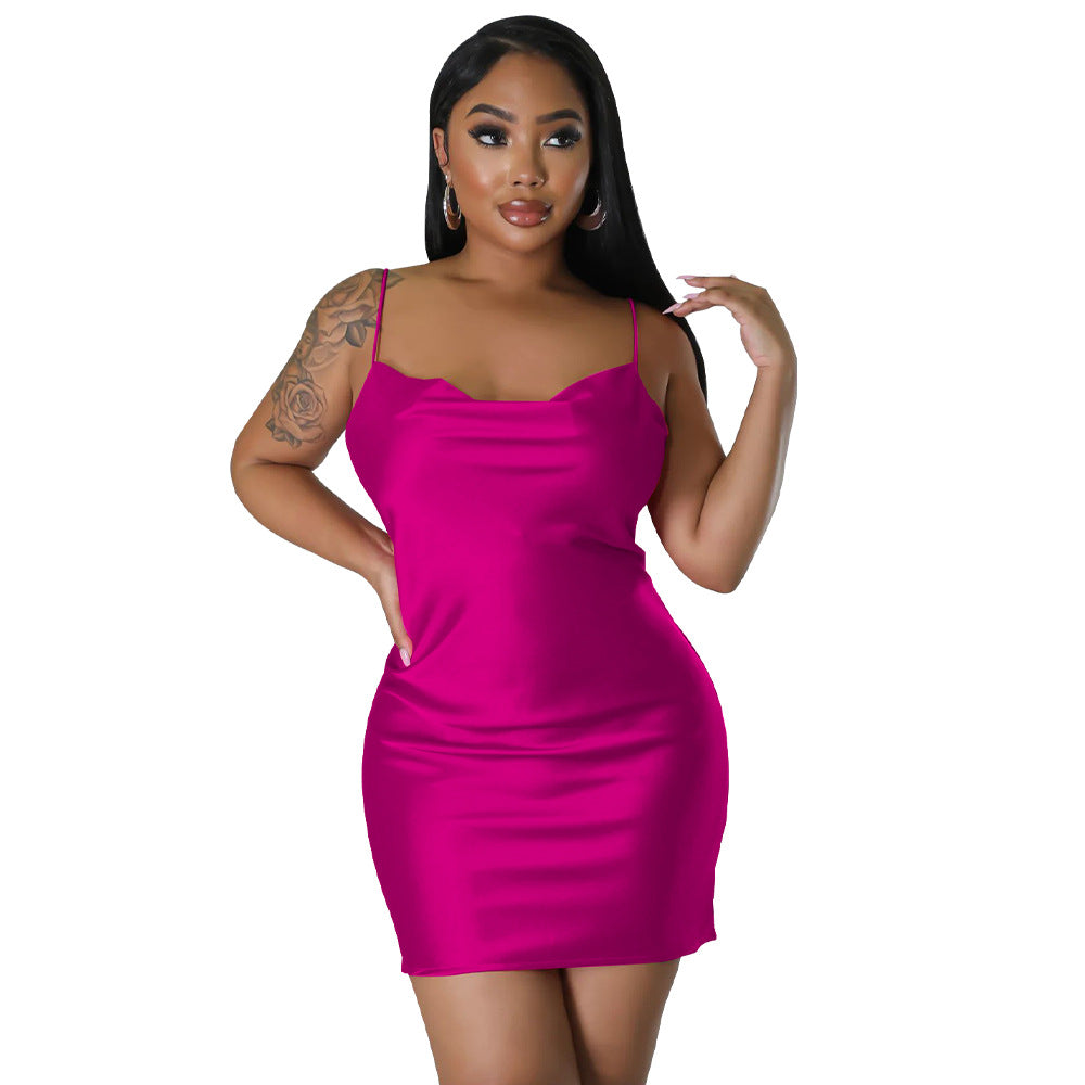 Women Clothing Solid Color Backless Dress Artificial Silk Sexy Swing Collar Sling Dress Bella Mia