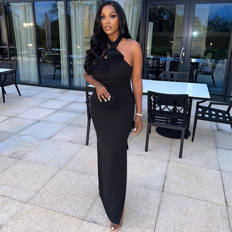Sexy Halter Dress Solid Color Sleeveless Stitched Backless Asymmetric Bella Mia