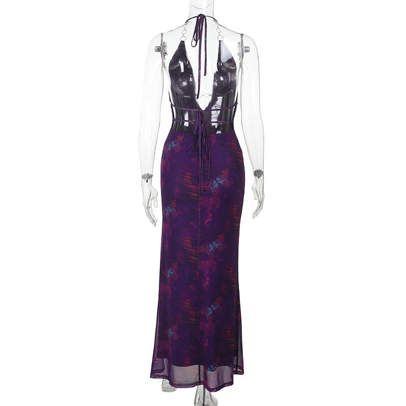 Women Clothing Chain Season Floral Print Slit Sexy V neck Small Backless Slim Fit Dress Bella Mia