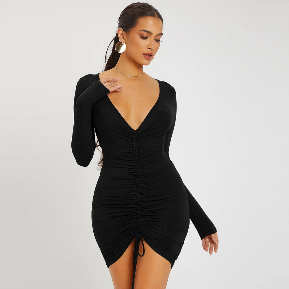Women Clothing Autumn Winter Sexy V-neck Drawstring Tight Waist Sheath Knitted Long-Sleeved Dress Bella Mia
