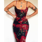 Spaghetti Strap Floral Print Stretch Slim Fit Dress Summer Waist Sheath Dress Bella Mia