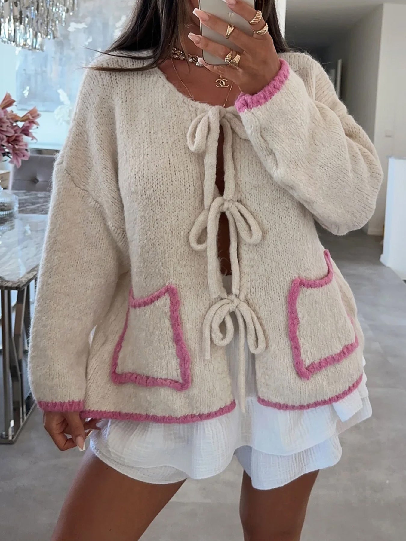 Contrast Color Bow Lace up Autumn Winter Sweater Casual Loose Long Sleeve Pocket Knitwear Top Bella Mia