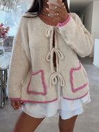 Contrast Color Bow Lace up Autumn Winter Sweater Casual Loose Long Sleeve Pocket Knitwear Top Bella Mia
