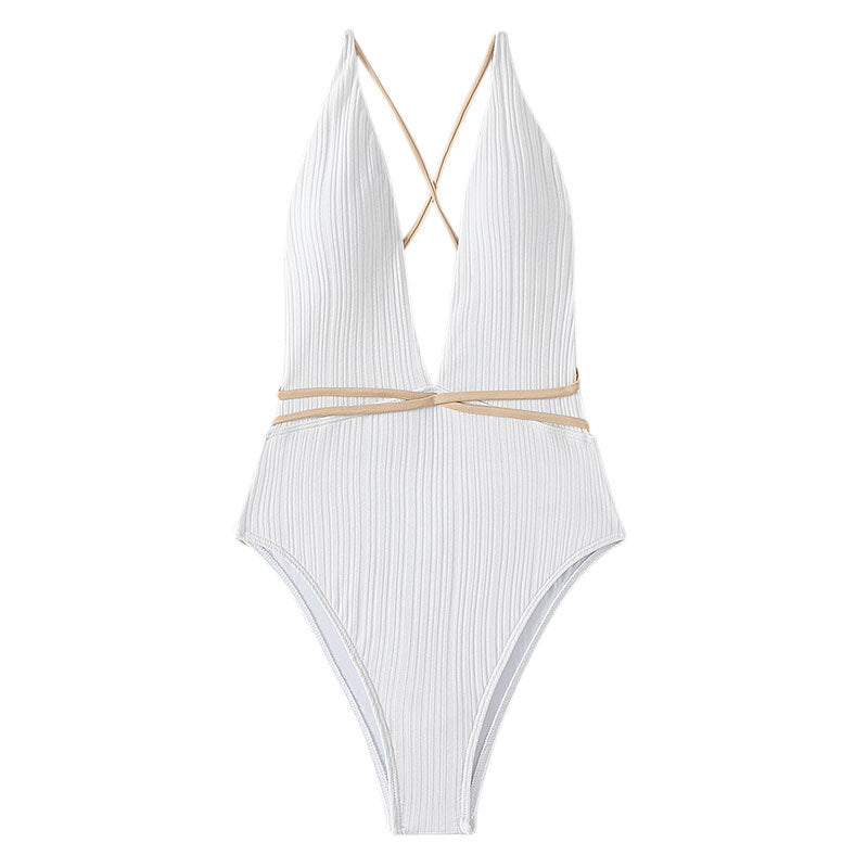 Beach Swimwear Solid Color V neck Backless Quick Drying One Piece Swimsuit Bikini Swimwear Women Bella Mia