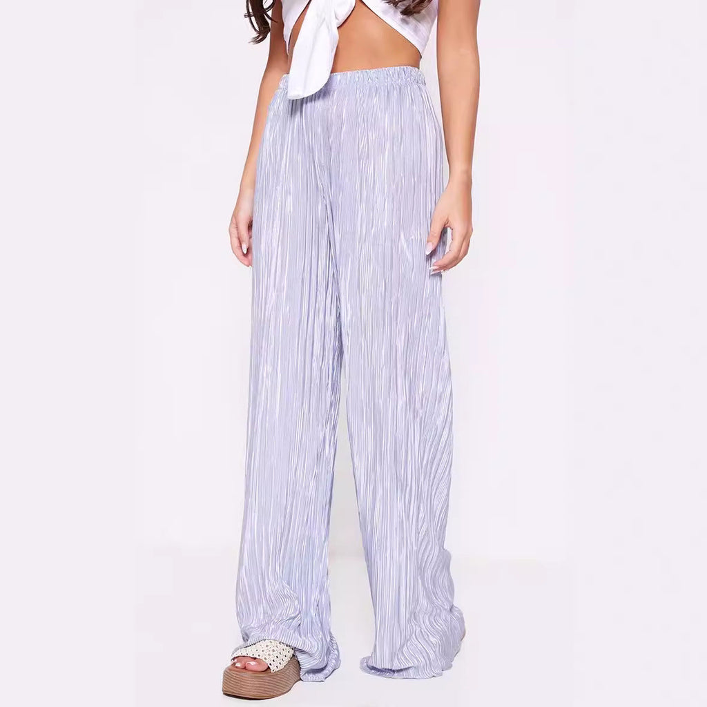 Summer Women Wide Leg Pants High Grade Luxury Pleated Satin Flash Casual Pants Bella Mia
